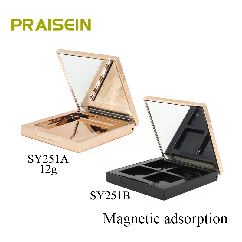 OEM square magnetic button cosmetic powder case, repairing palette , empty 4 color eye shadow container packaging custom designs