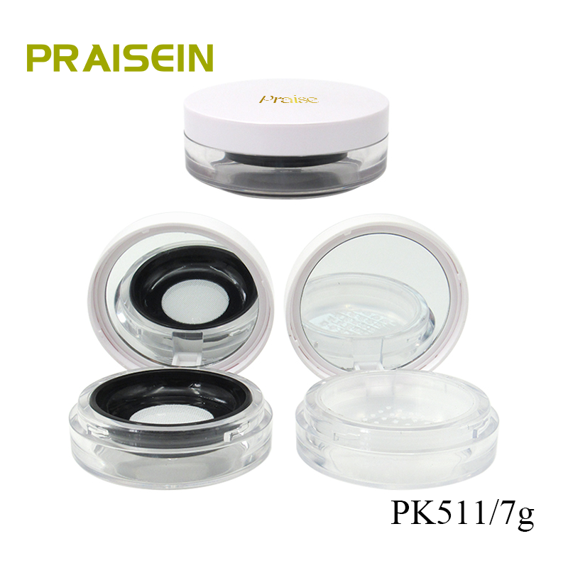 Round clamshell rotary switch Plastic cosmetic loose powder container jar with sieve custom packaging