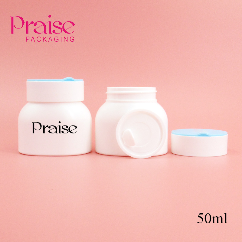 Production 50ml plastic cosmetic container, white empty wide mouth cream jar with leakproof round lid custom label