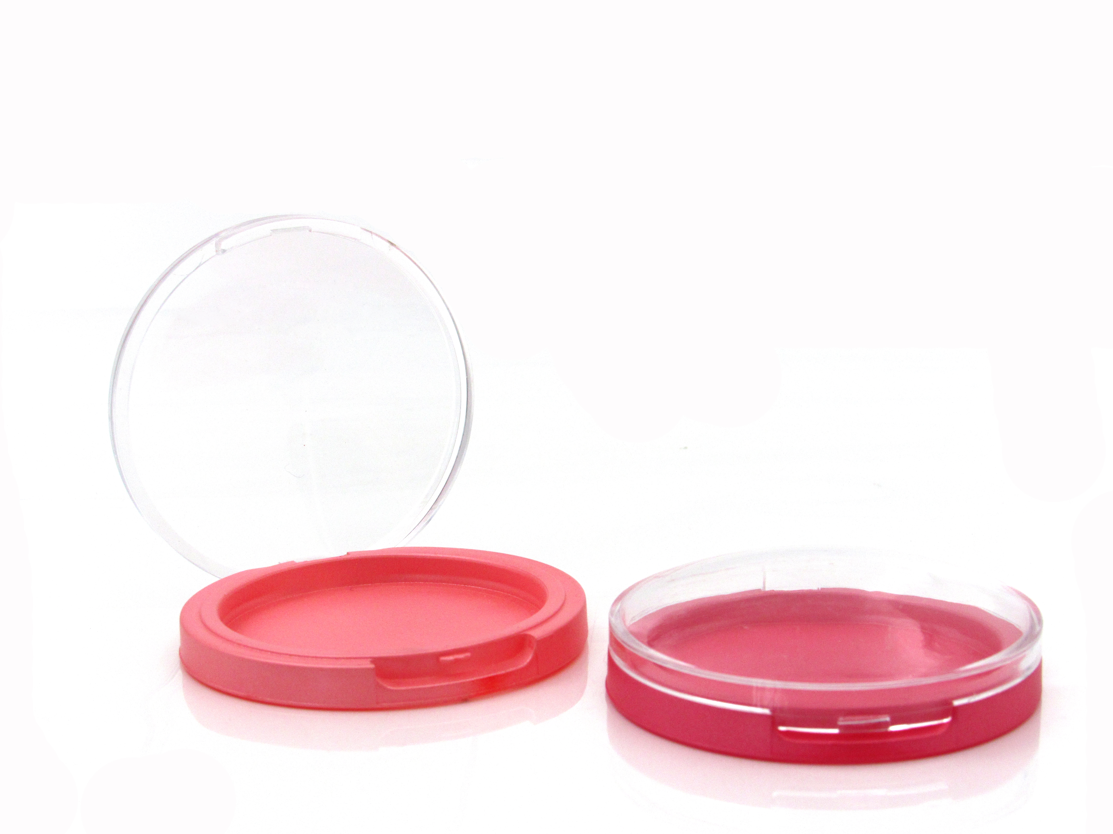 Pink round clamshell powder compact case, empty plastic blush palette cosmetic packaging