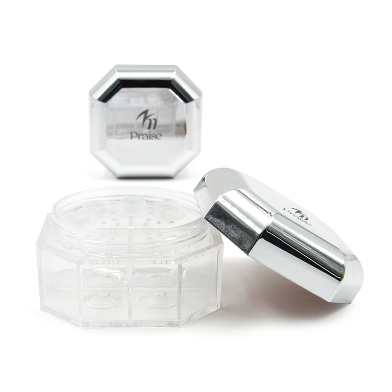 7.8g 30g Silver octagonal loose powder jar empty plastic four-color cosmetics clear loose powder container with sifter